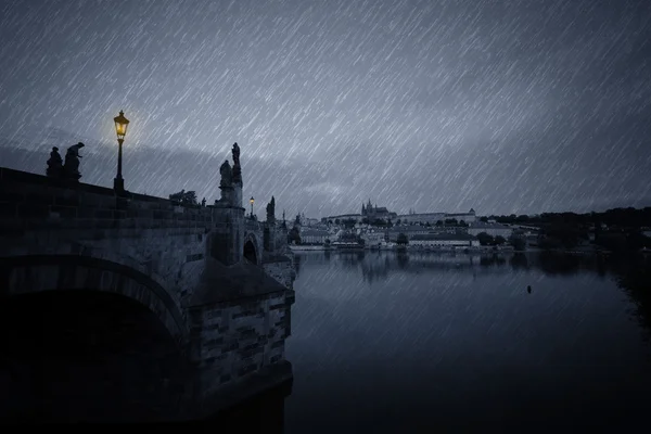 Old Prague skyline at rainy night