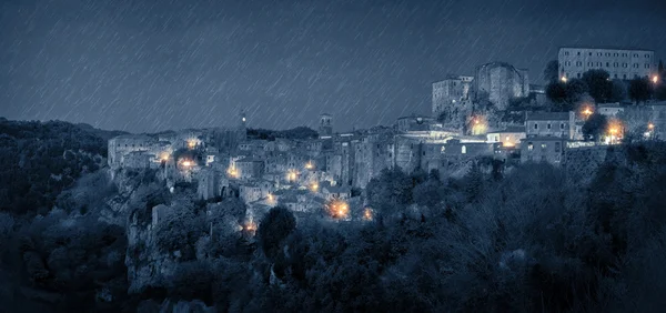 Panorama of medieval town at rainy night