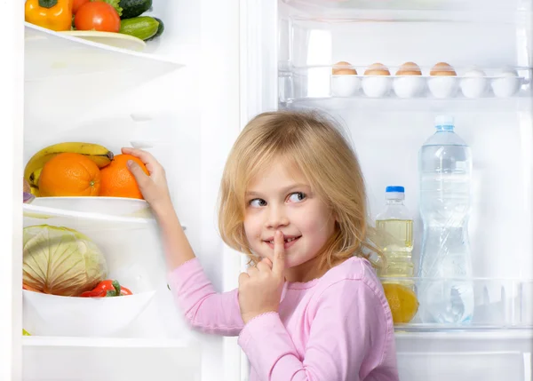 Little cute girl making silence sign near open fridge