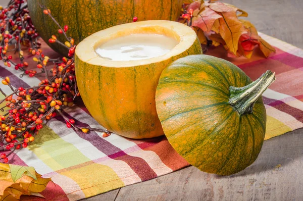 Pumpkin soup with fall decorations