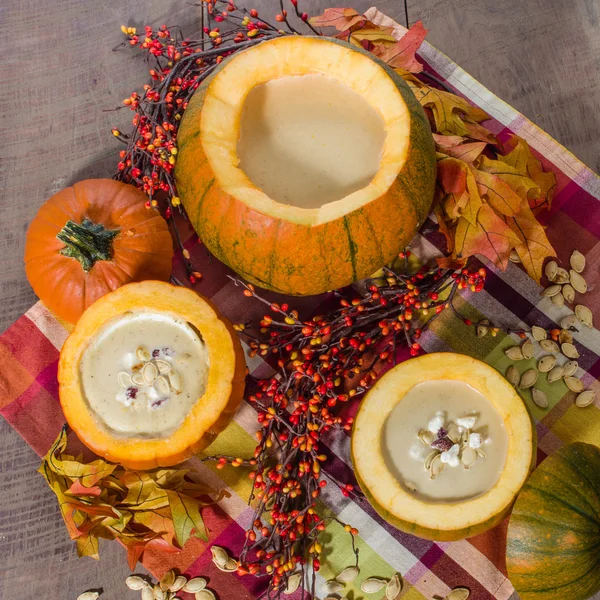 Pumpkin soup with fall decorations