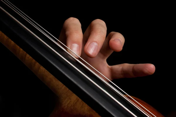 The fingers on the strings of the cello
