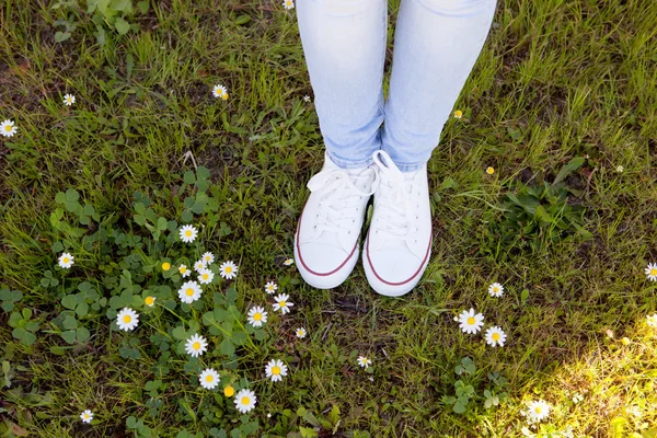 Whit white sneakers in a flowery meadow