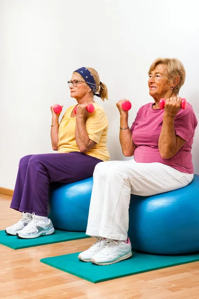 Senior women exercising in gym.