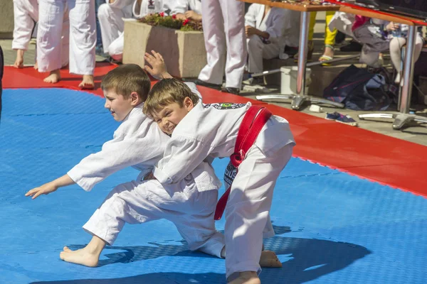 Young judo wrestlers 8-10 years on the demonstration performance