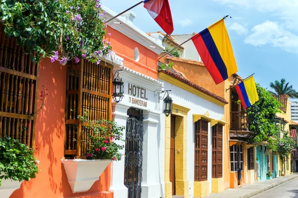 Colombian Flags and Colonial Buildings