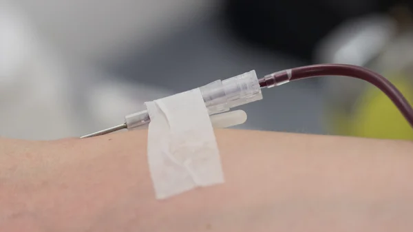 Donor in an armchair donates blood,, close-up