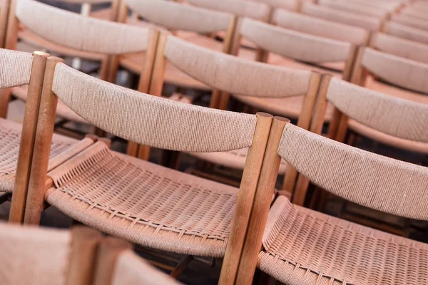 Rows of seats inside church, selective focus