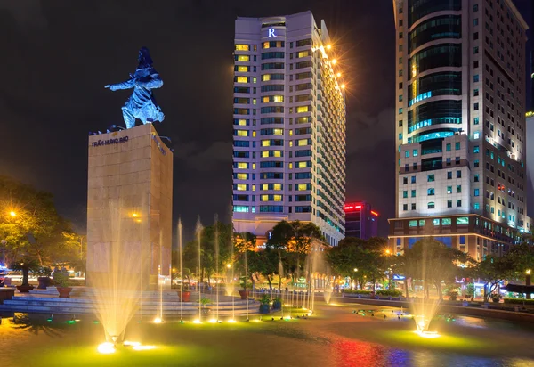 Night view of the Me Linh square downtown Hochiminh city with luxury office buildings and five star hotel, near Saigon riverside