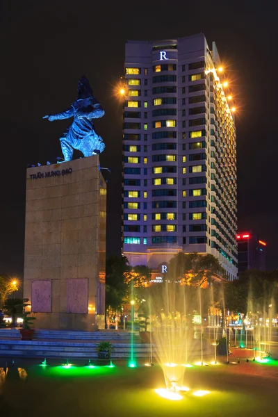 Night view of the Me Linh square downtown Hochiminh city with luxury office buildings and five star hotel, near Saigon riverside