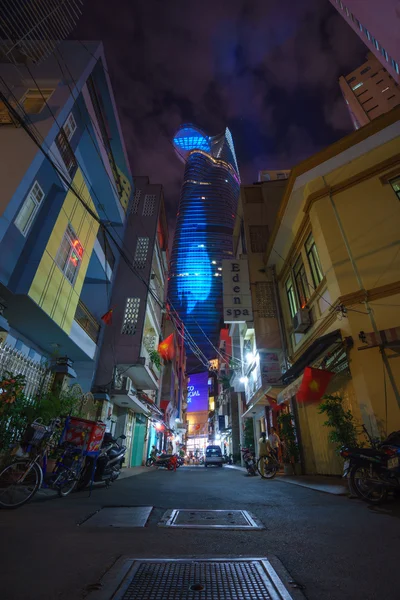 Ho Chi Minh city colorful night with laser lighting on at the Bitexco Financial Tower National celebration 2015