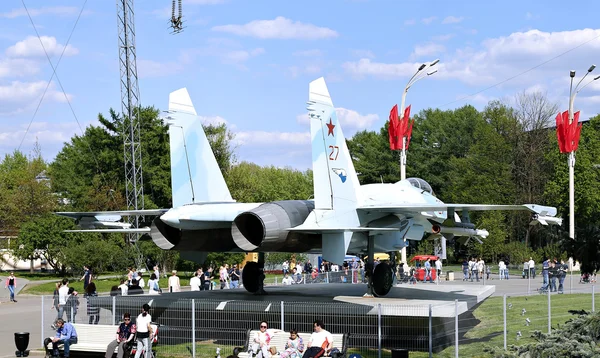 Battle military Combat aircraft Russian fighter Su-27 in Moscow