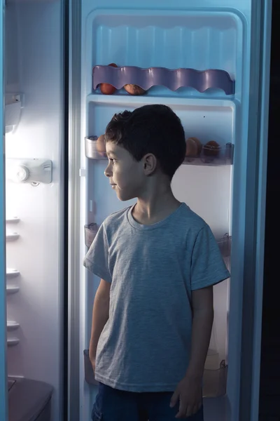 Child looking into the refrigerator in the middle of the night