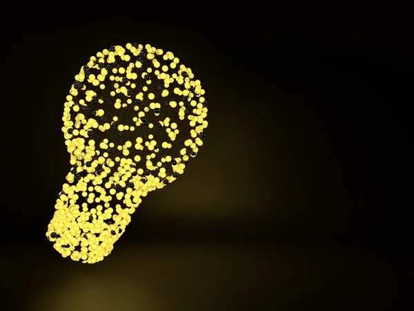 Light bulb made from connected yellow glowing spheres and lines on a dark background. 3d illustration of luminous balls in light bulb shape. Idea concept.