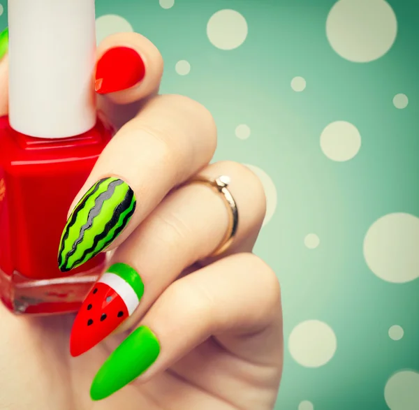 Watermelon style bright summer art manicure