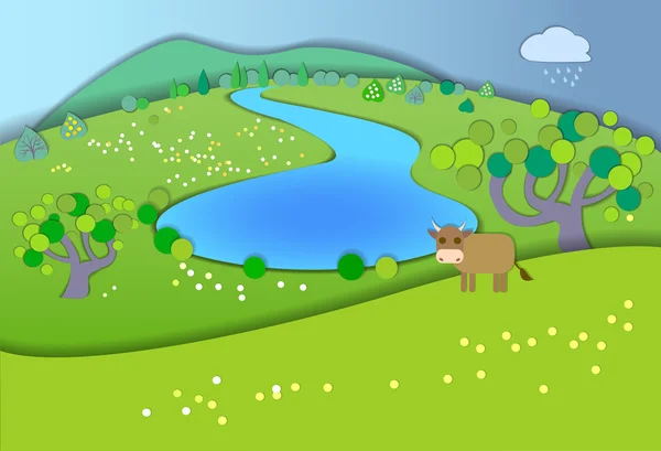 Green meadows,garden,trees,before the rain.Weather changes.Concept showing idyllic lifestyle.Paper cut style.Flat Illustration with smooth shadows.Summer landscape with fields,cow in the pasture