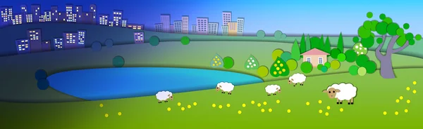 Change of seasons.Concept showing various modes life styles.Paper cut style.Flat Illustration with smooth shadow.Summer landscape with green fields,sheep in the pasture,Lake house.Different time zones