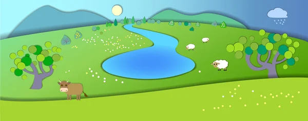 Green meadows,garden,trees.Weather changes.Concept showing idyllic lifestyle.Paper cut style.Flat Illustration with smooth shadows.Summer landscape with fields,cow and sheeps