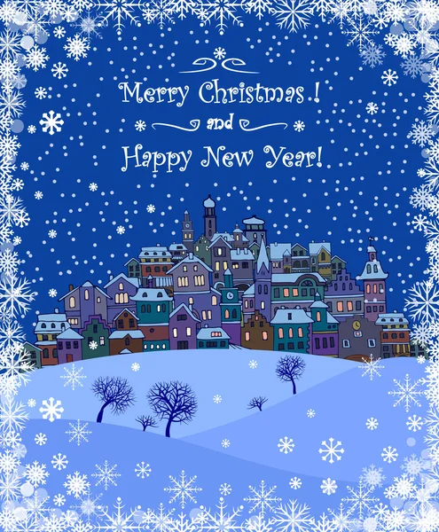 Merry Christmas and Happy New Year holiday background with inscription,urban landscape and snowfall.Merry Christmas greeting card with a small old town