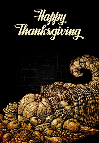 Happy Thanksgiving. Hand-drawn sketch Cornucopia or Horn of plenty. Food. Fruits and Vegetables