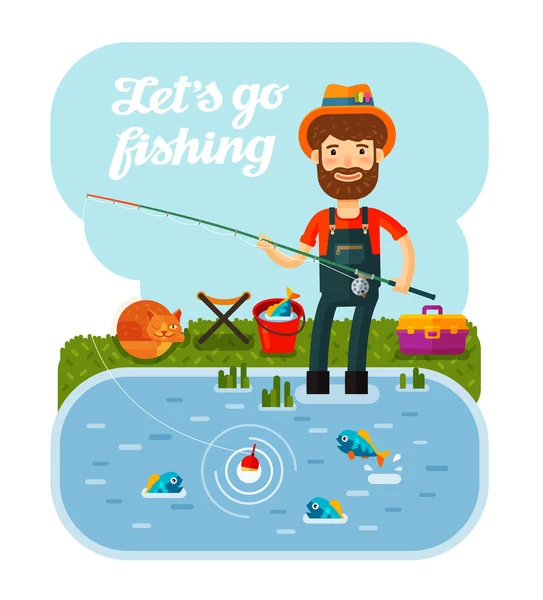 Fisherman with a fishing rod in his hands. Camping, vacation, relax. Cartoon vector illustration