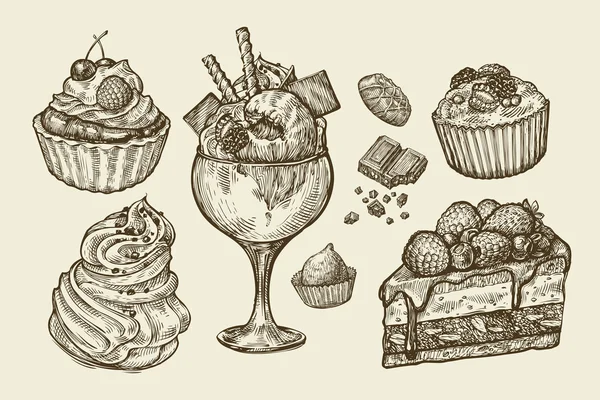 Food, dessert. Hand drawn ice cream, meringue, cupcake, chocolate, piece of cake, pastry, candy, muffin. Sketch vector illustration