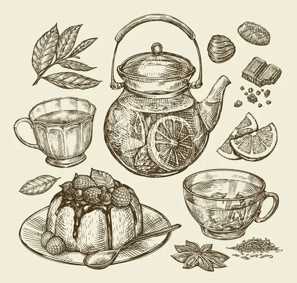 Food, dessert, drinks. Hand drawn teapot, tea, coffee, cup, pie, pasty, cake. Sketch vector illustration
