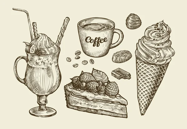Food, dessert, drink. Hand drawn ice cream, sundae, cup of coffee, tea, cake, pie, chocolate, candy, cocktail, smoothie, milkshake. Sketch vector illustration