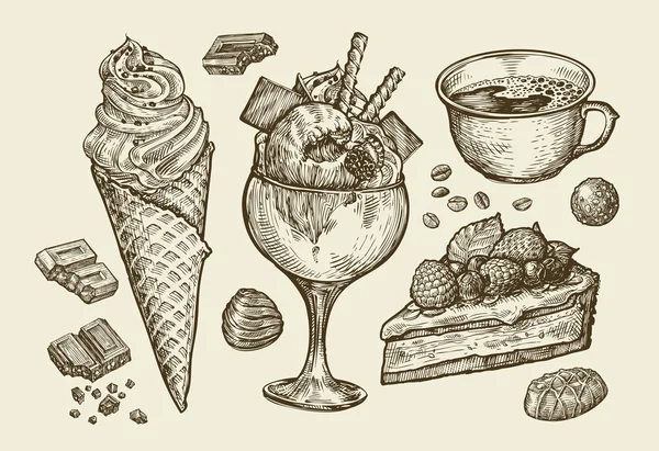 Food, dessert, drink. Hand drawn ice cream, sundae, cup of coffee, tea, cake, pie, chocolate, candy. Sketch vector illustration