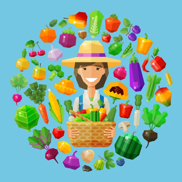Fresh food. fruits and vegetables icons set. farm girl with a basket in her hands