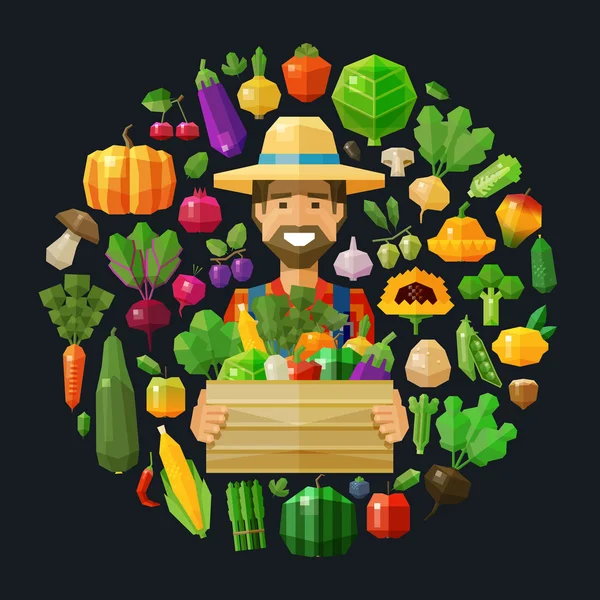 Fresh food. fruits and vegetables icons set. farmer with a box in his hand