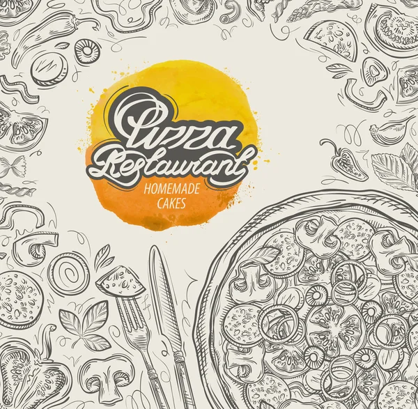 Vector hand drawn pizza restaurant sketch and food, drinks doodle