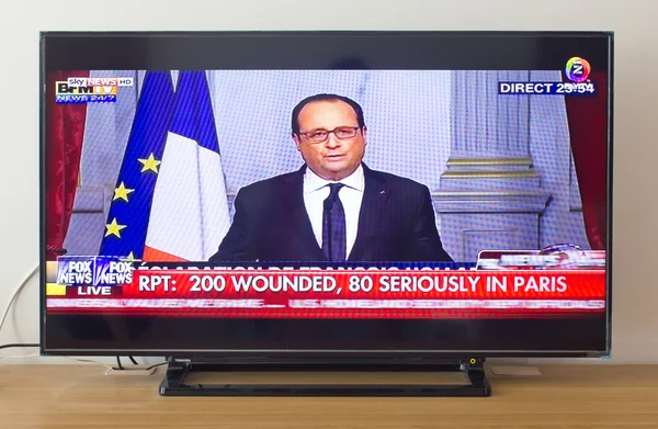 BANGKOK, THAILAND - NOV 14, 2015: Francois Hollande at Fox News Speech Live About the Terrorist Attacks In Paris. More Than 120 People Were Killed With Explosions And Shot.