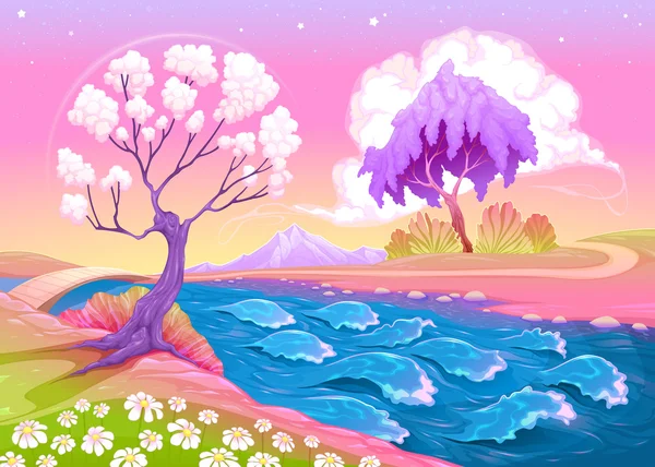 Astral landscape with trees and river