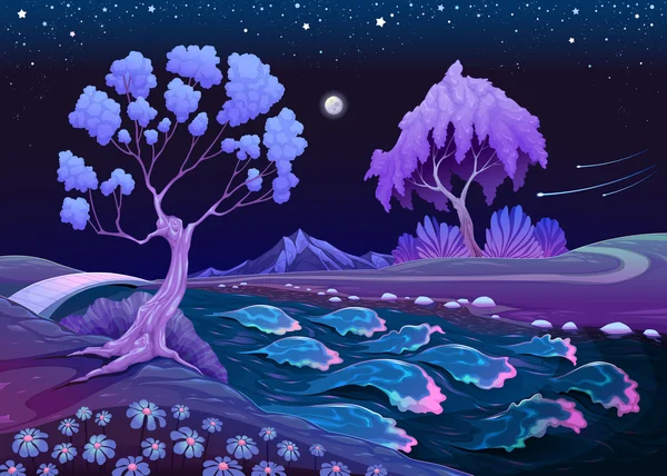 Astral landscape with trees and river in the night