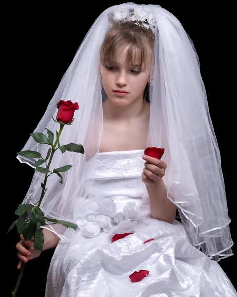 Very young bride. Wedding white dress. Luxury veil. Flower red rose.