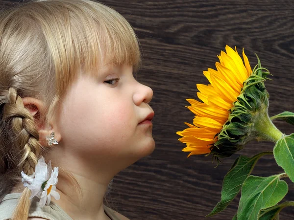 Funny little girl smelling a large yellow flower