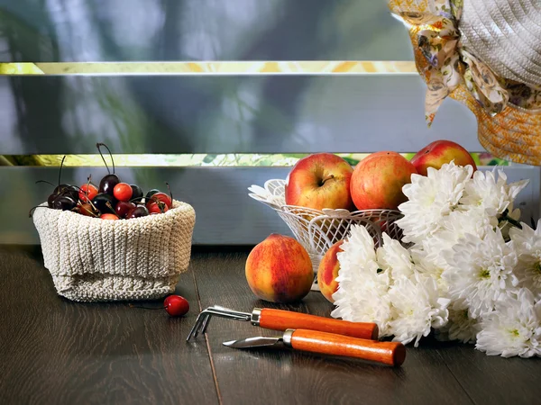 Summer Still Life: garden tools, crop - cherries, apples, peaches