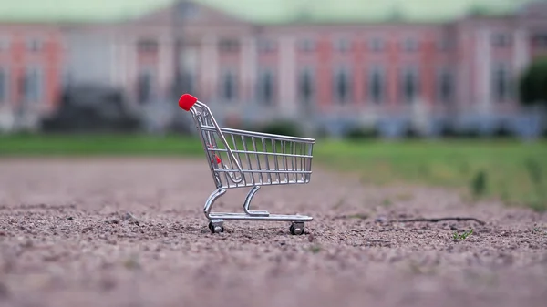 Empty supermarket trolley on the background of a beautiful building