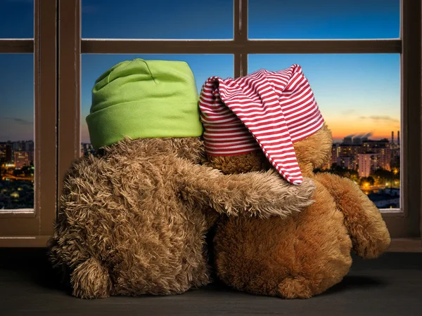 Two friends or fans to watch the sunset in the window. Toys colorful hats bear cubs. Embrace the . Concept - love, friendship, support
