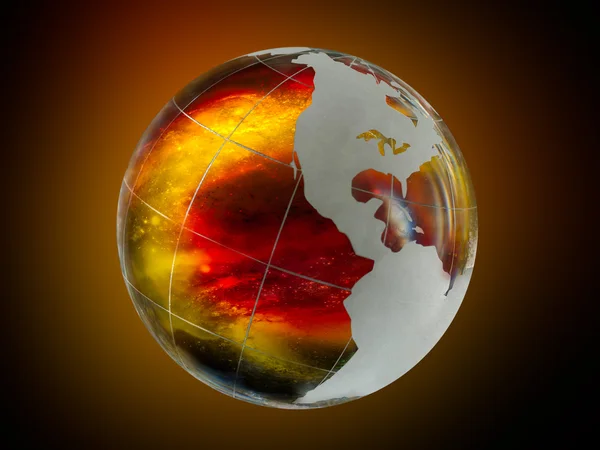 Large, luminous ball - the planet earth. Within the scope of the fire, lava, volcano or explosion