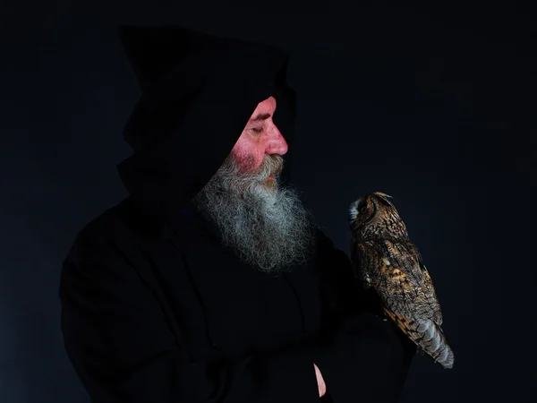 Magician, an alchemist, an old man with a bird owl on his shoulder. Monk. Mysticism, fantasy, fairy tale.