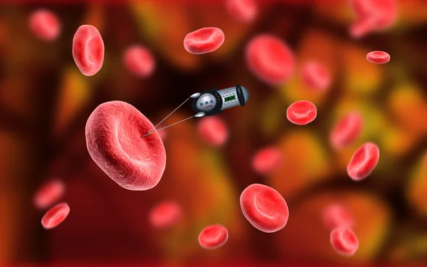 Erythrocytes. Nano robot makes an injection into the blood cell. Nanotechnology, Micro