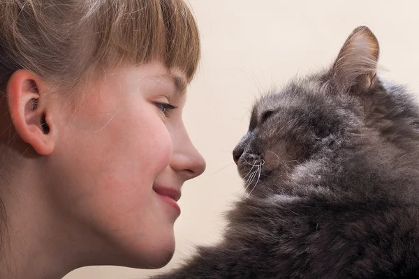 Face of a young girl and the big cat face. Girl looks at the cat, and the cat at her