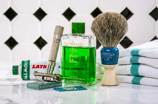 Shave set with vintage Gillette safety razor and Palmolive shave cream and aftershave