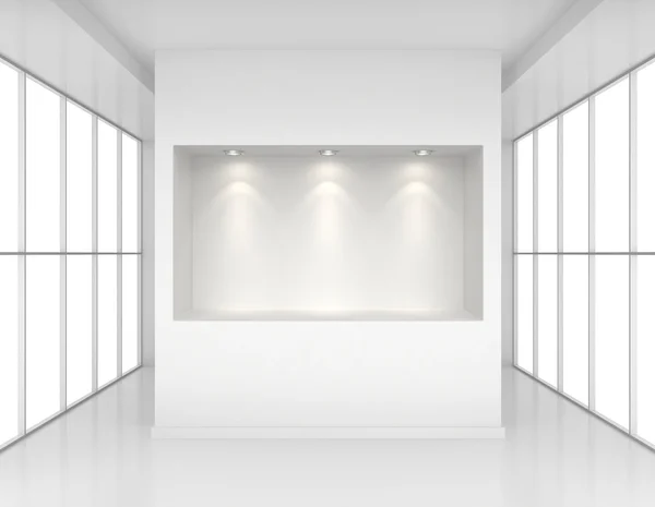 Exhibit Showcases with light sources in blank interior room large windows