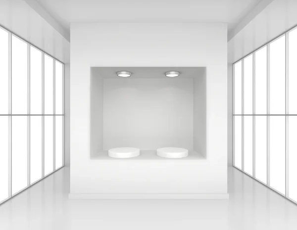 Showcase with lights and podiums for samples product in blank interior room large windows