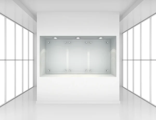 Exhibit Showcases with blank glass signs in the interior