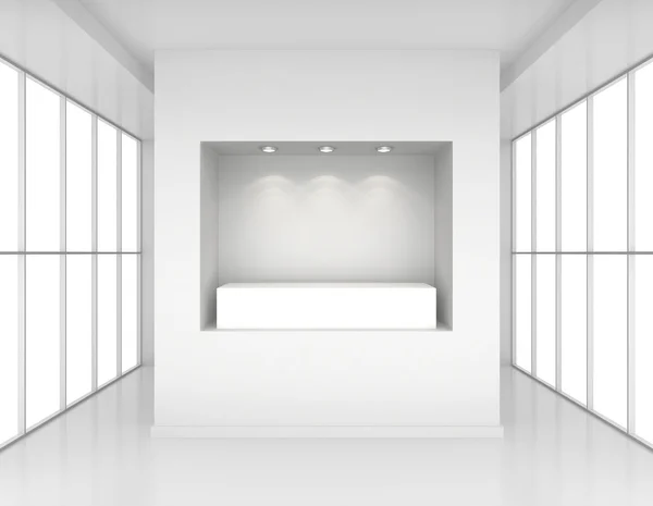 Showcase with lights and podiums for samples product in blank interior room large windows