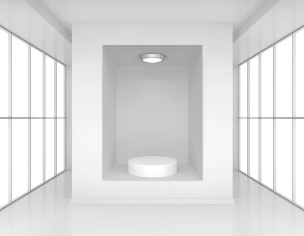 Showcase with lights and podiums for samples product in blank interior room large windows